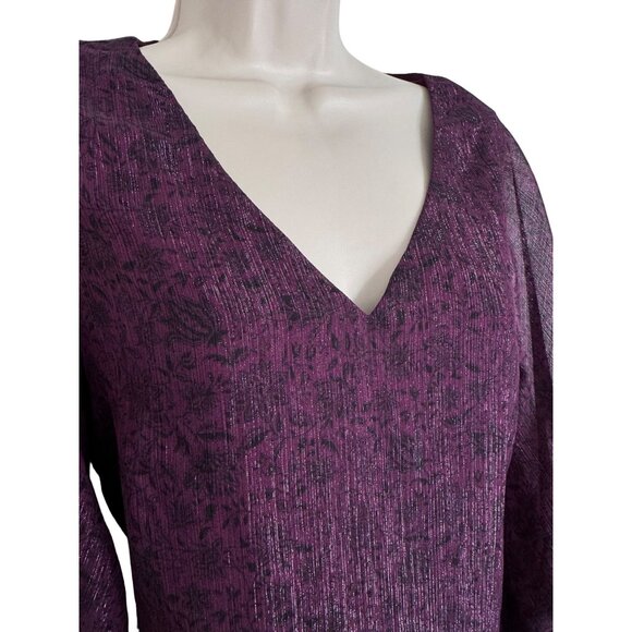 Halogen Metallic Balloon Sleeve Blouse Size XS V Neck Sheer Sleeve NWT Purple - Picture 12 of 14